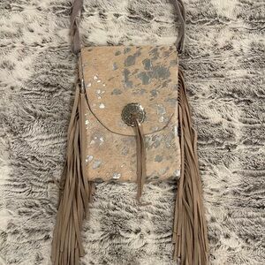 Hand Made cowhide Fringe Crossbody Bag in Taupe with Silver Accents….NEW!